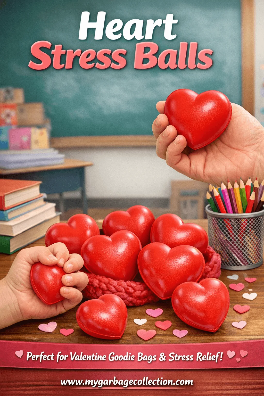 Heart stress balls featuring red heart shaped squeeze toys for Valentine goodie bags classroom stress relief and kid friendly sensory gifts