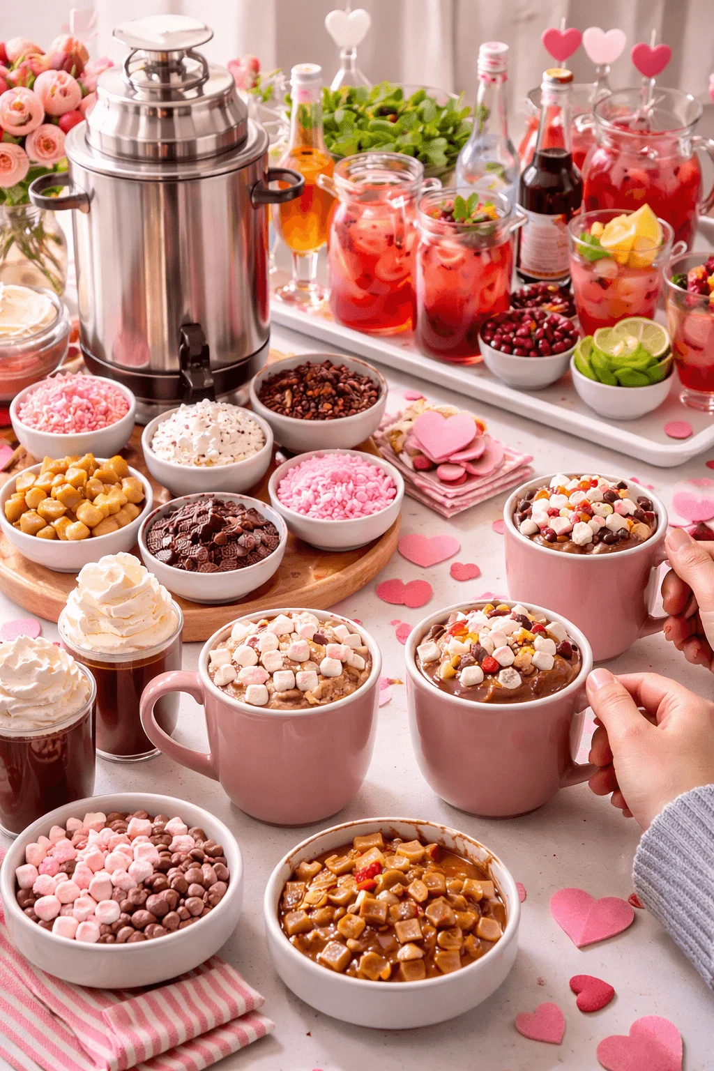 Hot chocolate and mocktail bar with pink mugs marshmallows caramel chocolate toppings fruit jars and Valentine themed decor