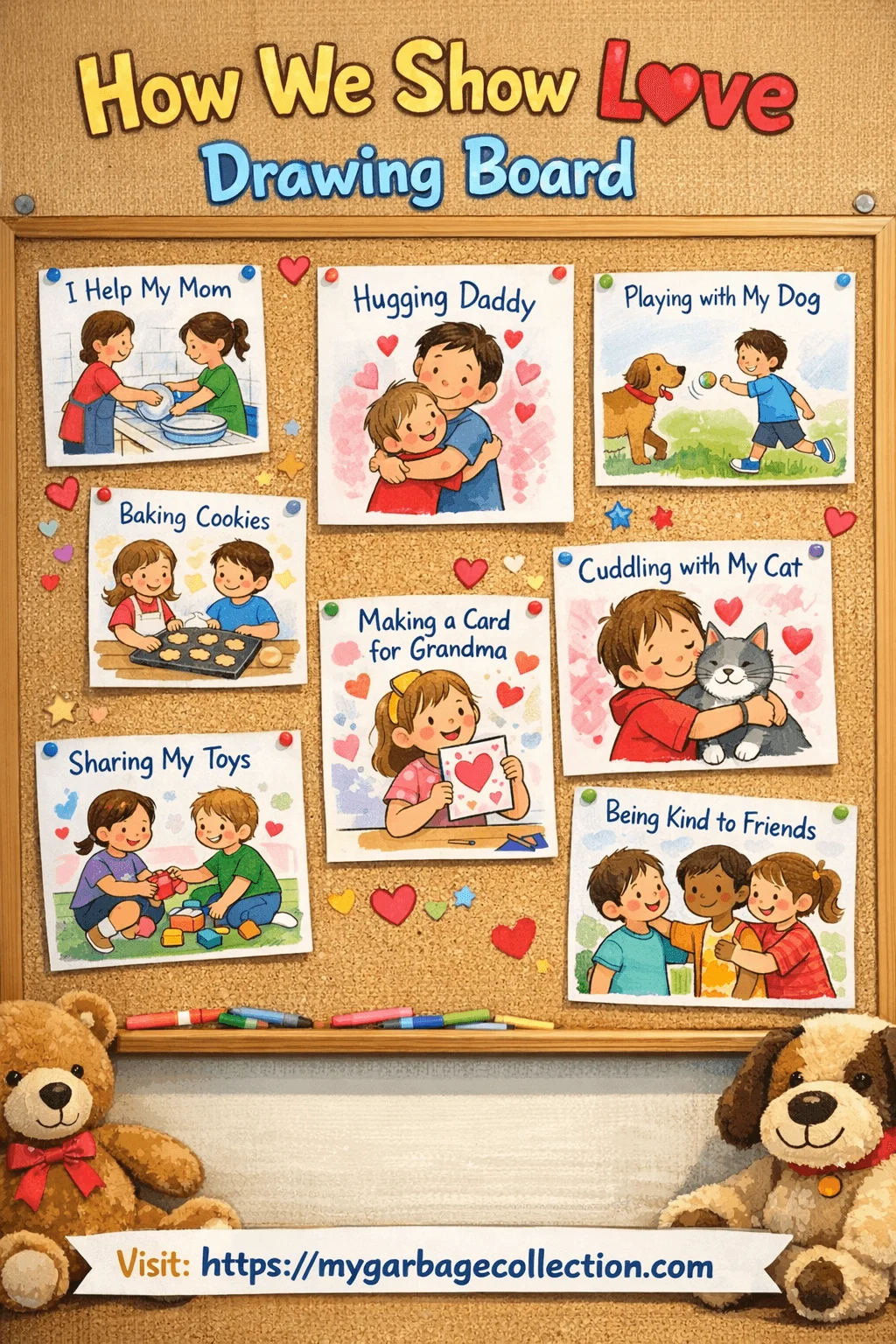 How we show love drawing board for preschool featuring children illustrations of helping family hugging parents sharing toys being kind to friends and expressing love through everyday actions