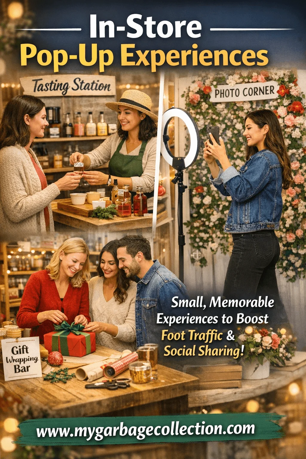 In store pop up experiences showcasing valentines themed tasting station gift wrapping bar photo corner social sharing and customers enjoying interactive retail moments