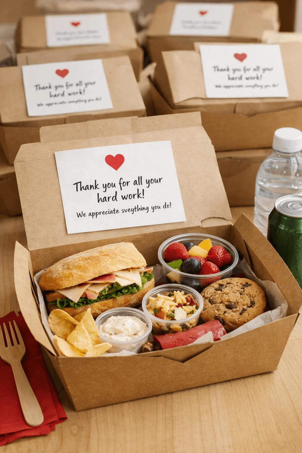Individual appreciation lunch box with sandwich fruit salad chips cookie and thank you note for employees