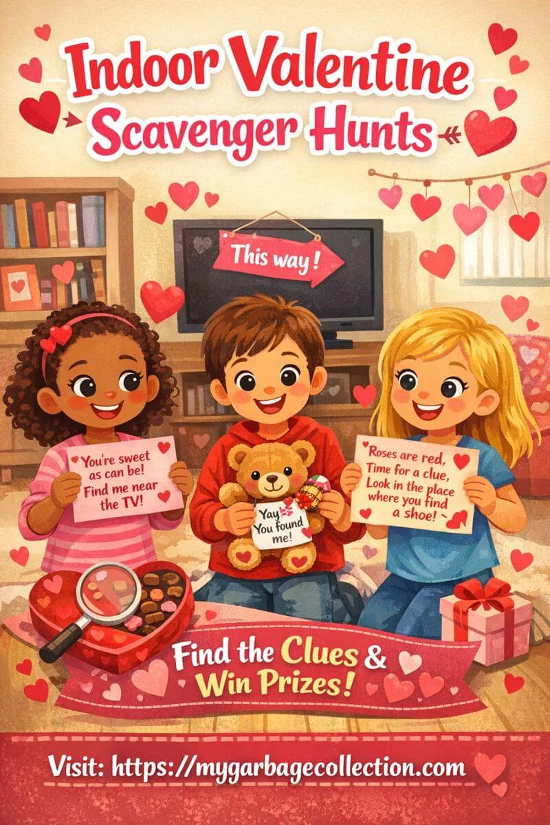 Indoor Valentine scavenger hunts illustration showing kids holding clue cards finding hidden prizes and enjoying a heart themed indoor activity with mygarbagecollection.com displayed at the bottom
