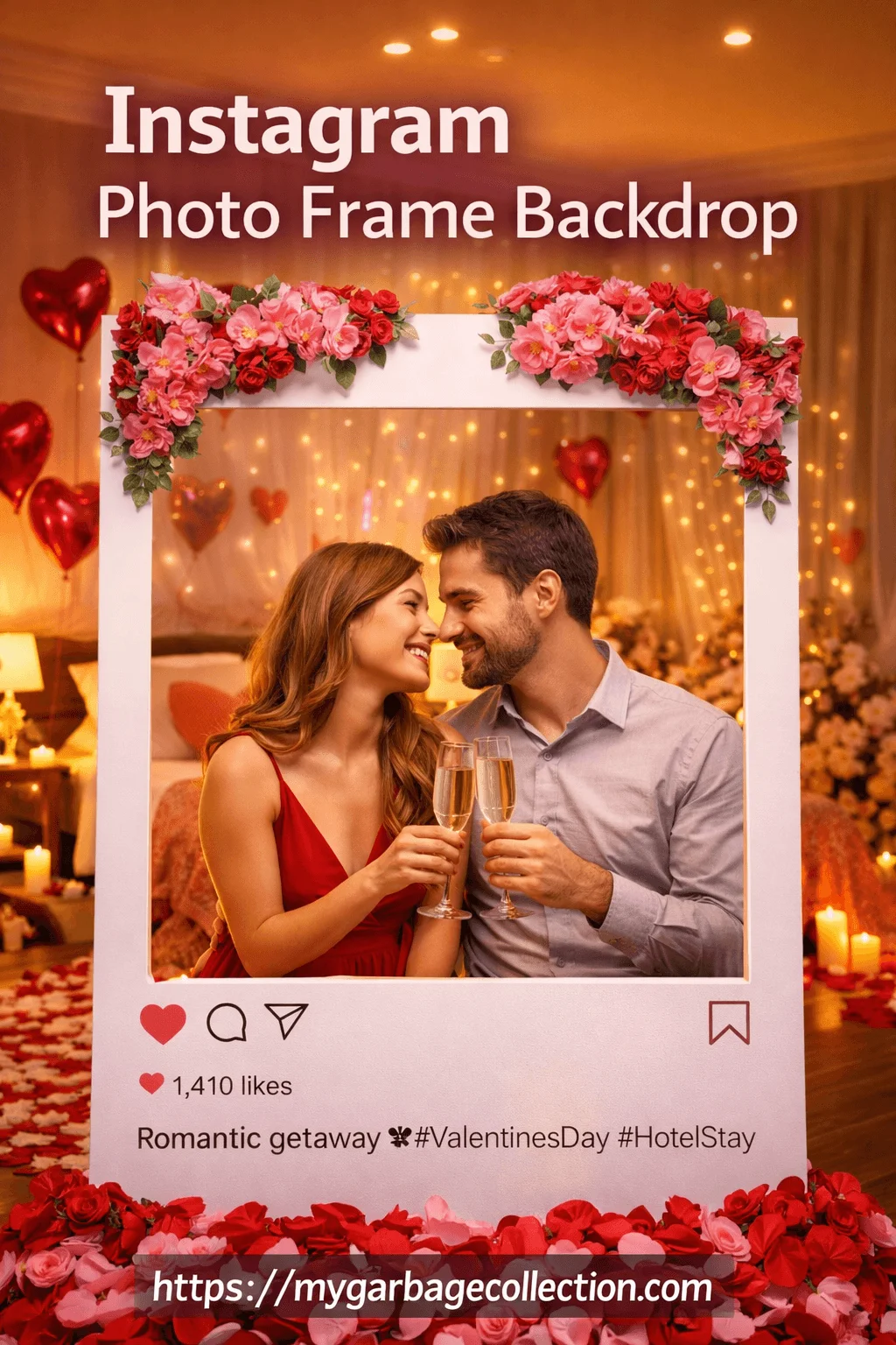 Romantic couple posing with champagne inside Instagram style photo frame backdrop surrounded by flowers candles heart balloons and cozy Valentine hotel room decor