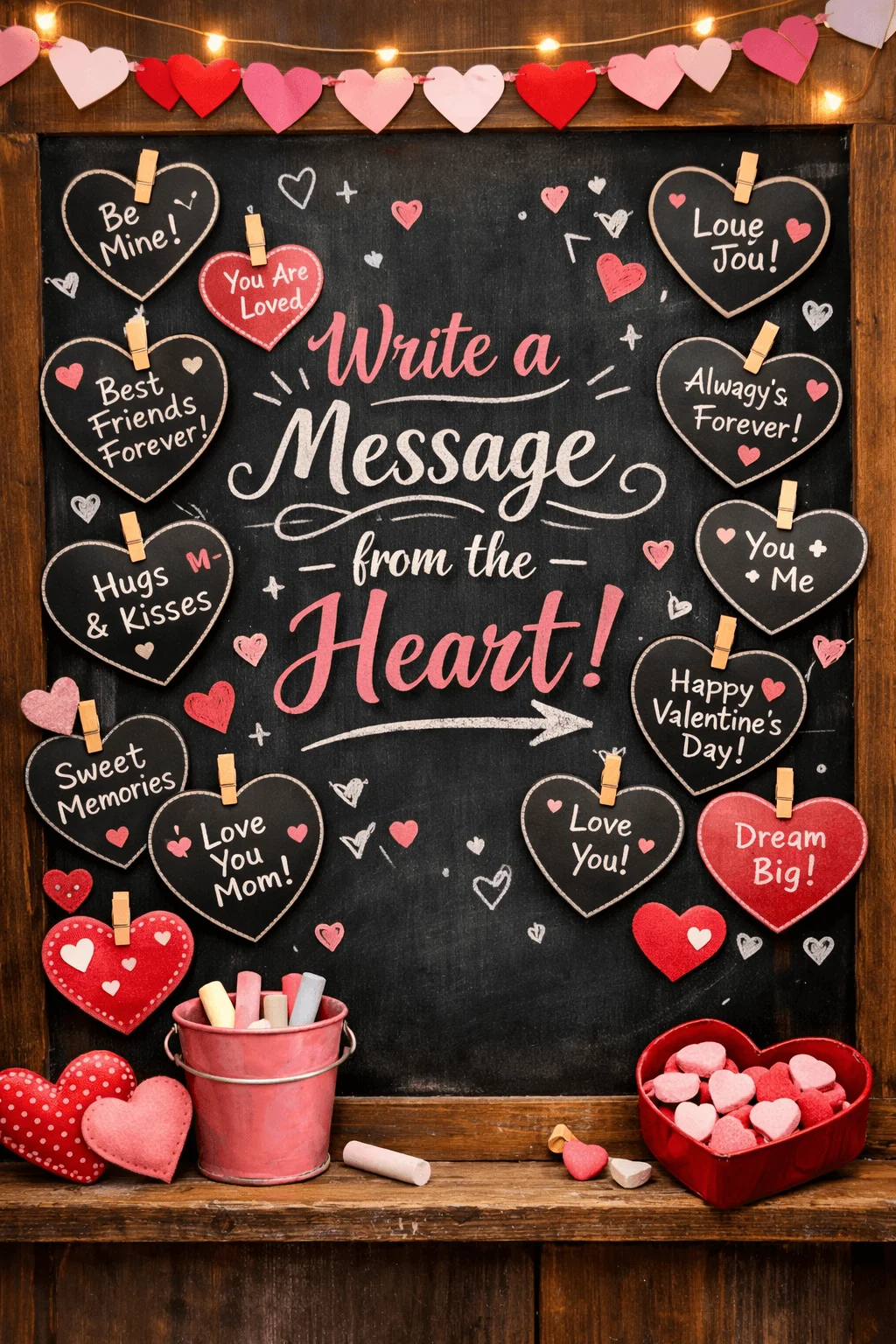 Interactive Valentine chalkboard display inviting people to write messages from the heart with clipped heart notes chalk pieces and candy hearts arranged around the board
