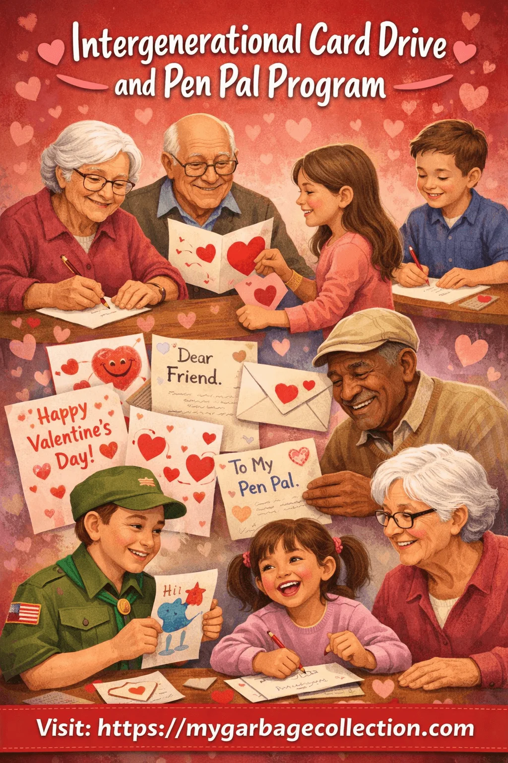 Intergenerational card drive and pen pal program with seniors and children writing Valentine cards together sharing smiles letters hearts and meaningful connections across generations