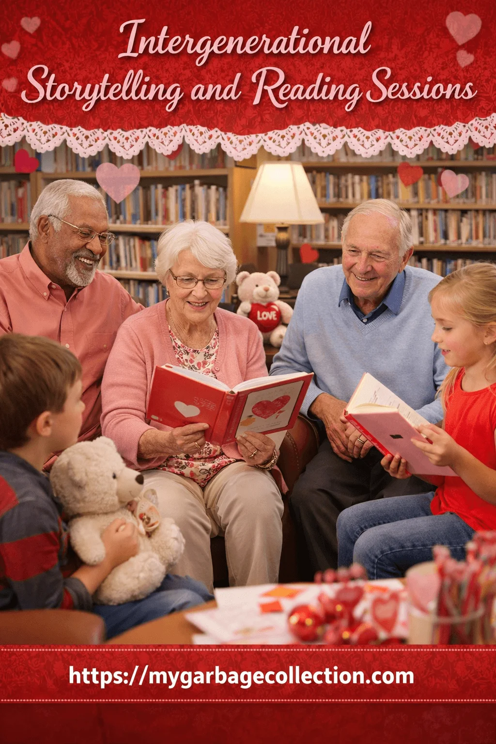 Intergenerational storytelling and reading sessions showing seniors and children reading Valentine books together smiling and sharing stories in a cozy library setting with heart decorations