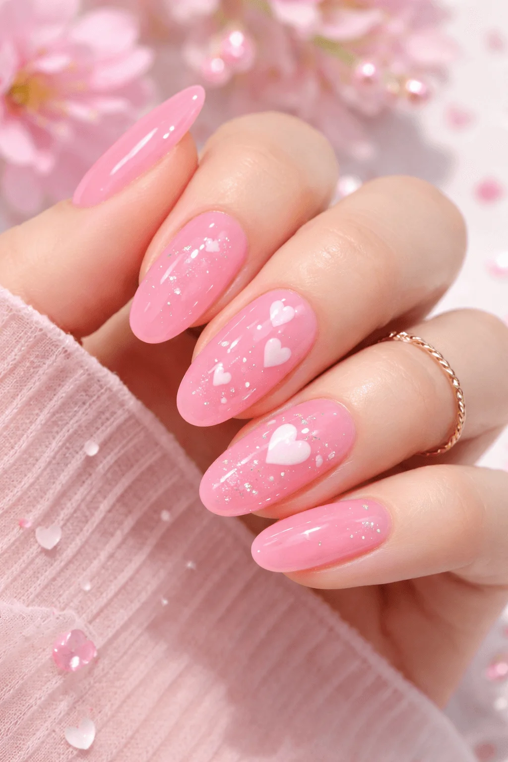 Close up of a hand with glossy jelly pink almond shaped nails featuring soft white heart accents and subtle glitter flakes on a romantic pastel background