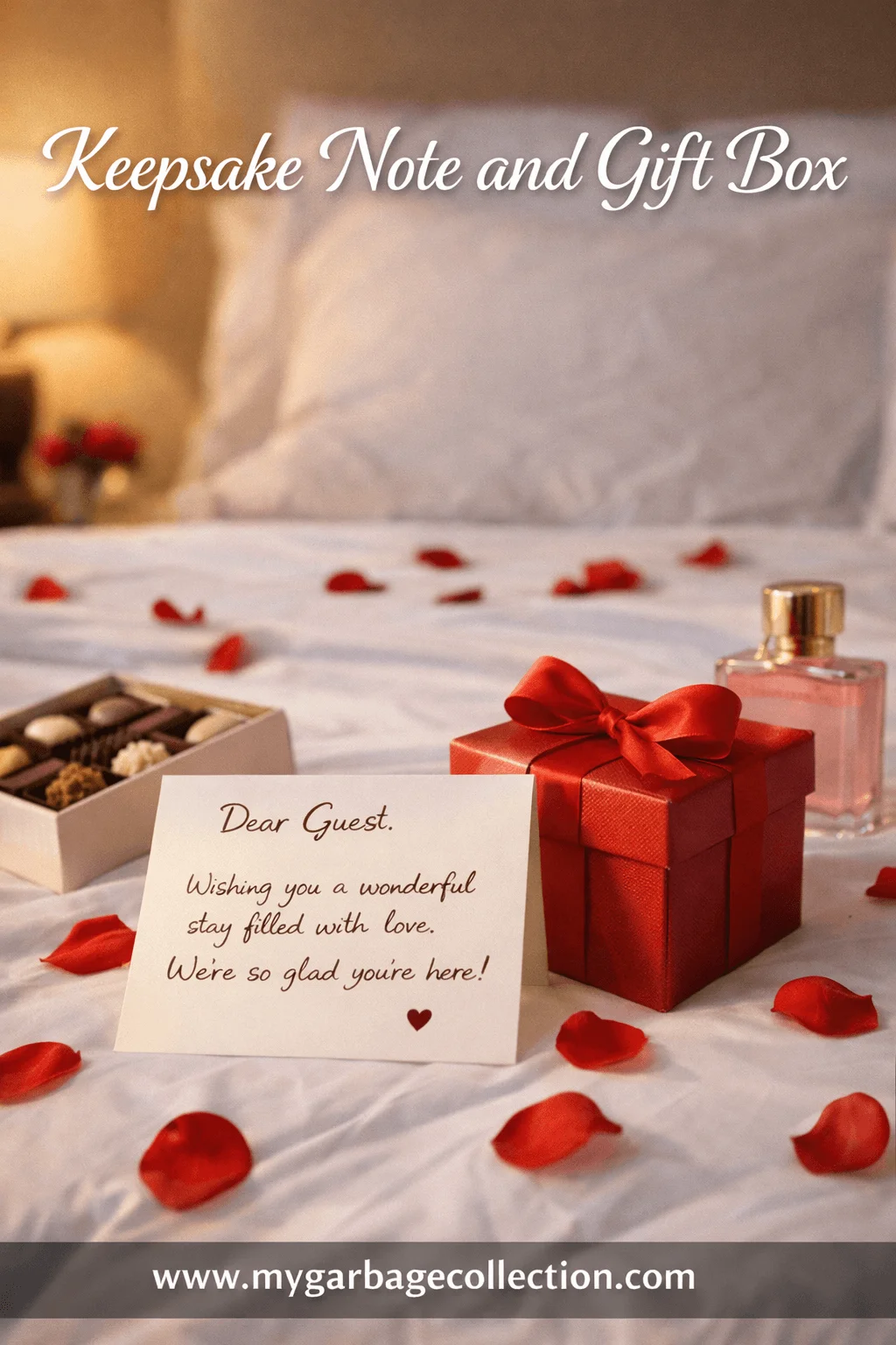 Romantic hotel bed with keepsake handwritten note red gift box rose petals chocolates perfume bottle and soft Valentine welcome setup