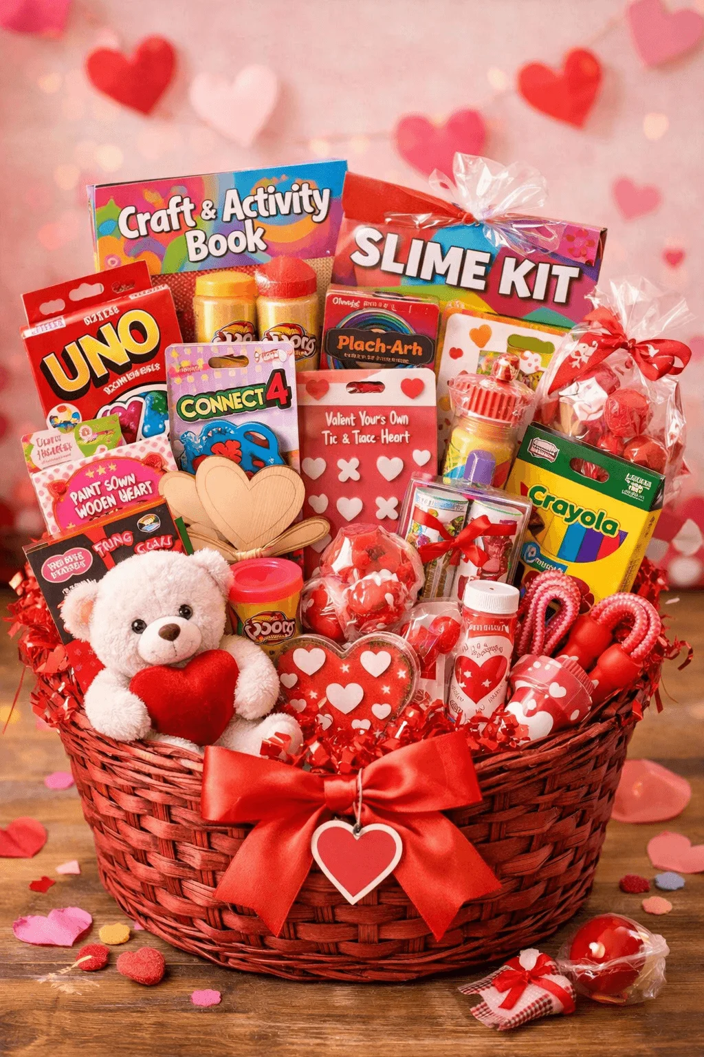 kids Valentine activity gift basket with craft and activity book slime kit crayons board games paint wooden hearts teddy bear candies stickers play dough and heart themed toys arranged in a red wicker basket with festive ribbon