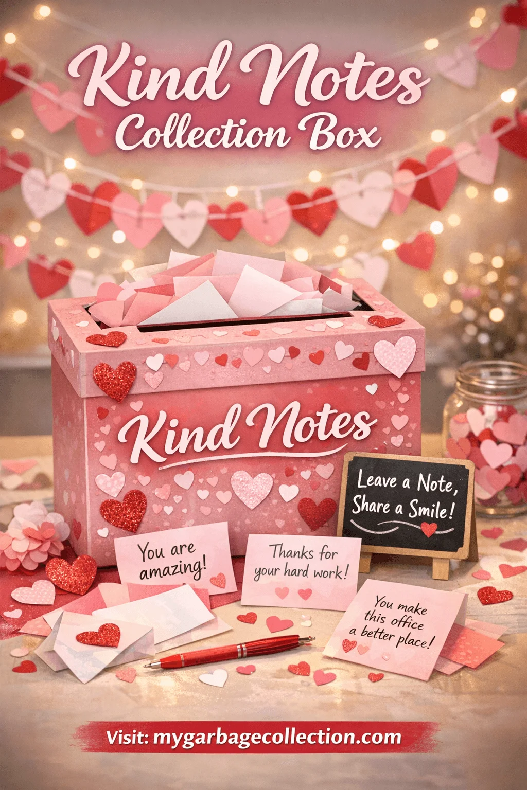 Kind notes collection box decorated with pink and red hearts filled with handwritten appreciation messages placed on a table with envelopes pens positive note cards fairy lights and a leave a note share a smile sign creating a warm Valentine themed office setup with website url mygarbagecollection.com