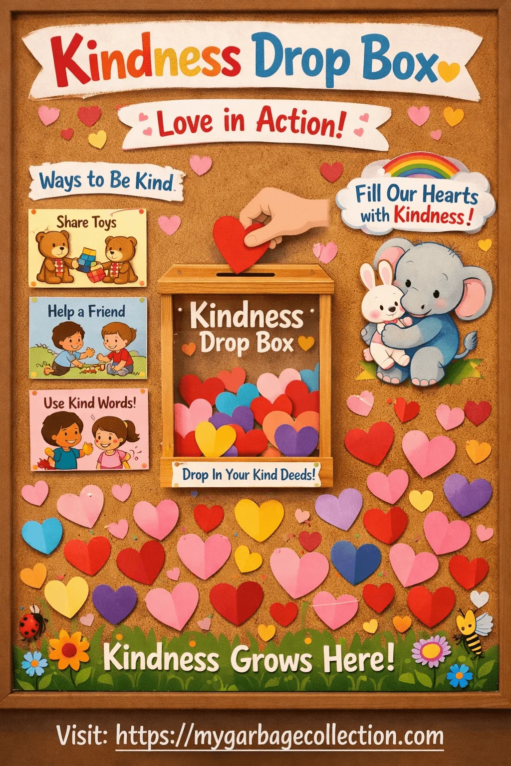 Kindness drop box bulletin board for preschool with heart shaped kindness notes interactive box love in action theme colorful hearts and examples of kind actions for kids