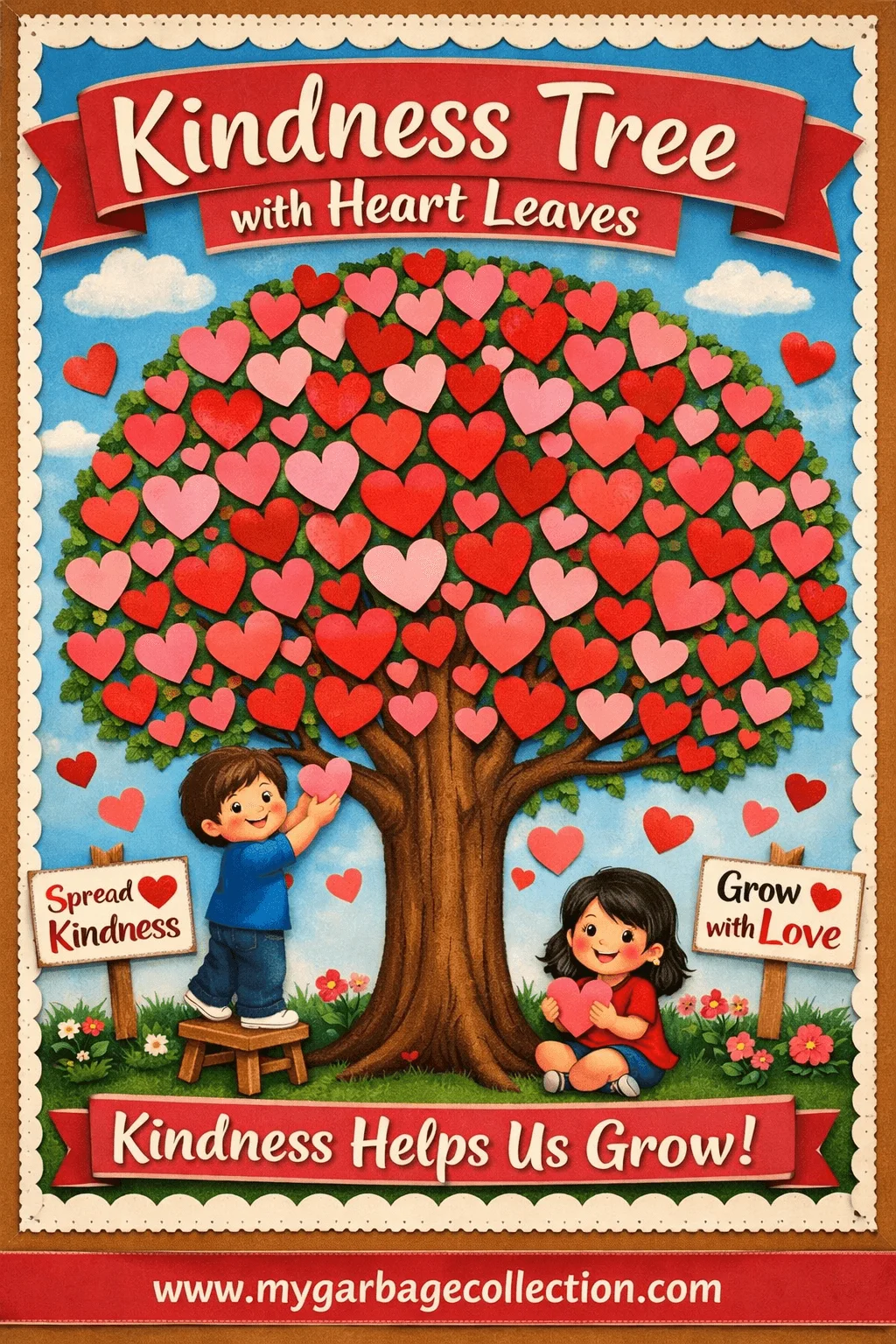 Kindness tree with heart leaves bulletin board for preschool showing a large tree filled with heart shapes children adding hearts spreading kindness growing with love and positive classroom values