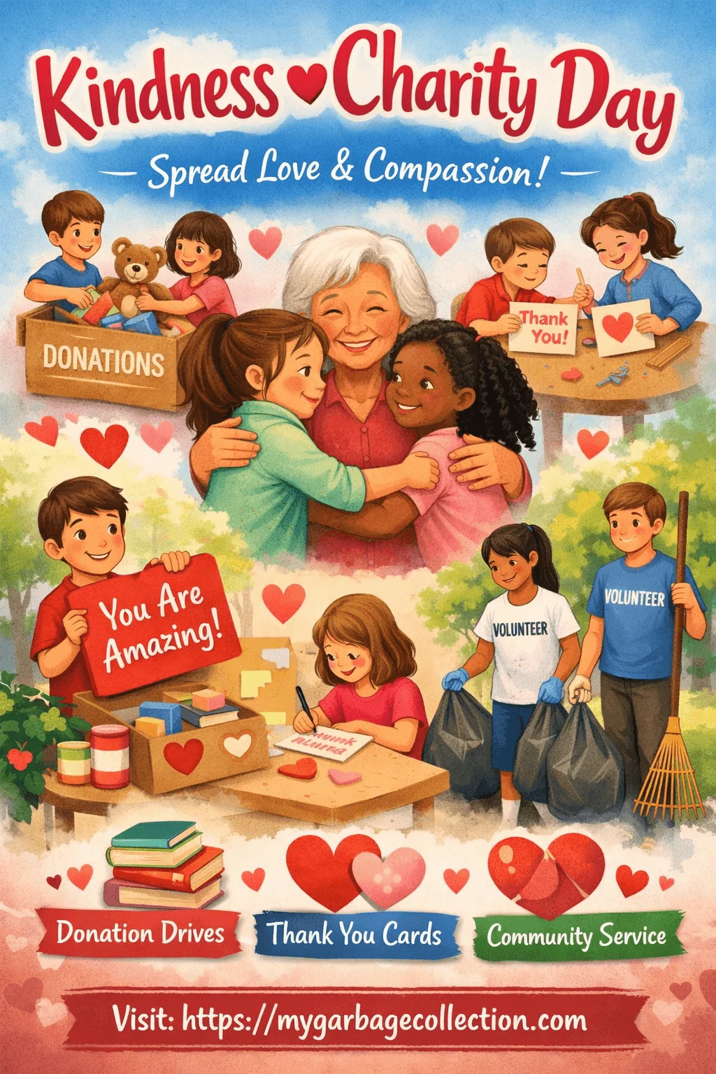 Kindness and Charity Day illustration showing students spreading love through donations thank you cards volunteering community service hugs and heart themed Valentine spirit week activities