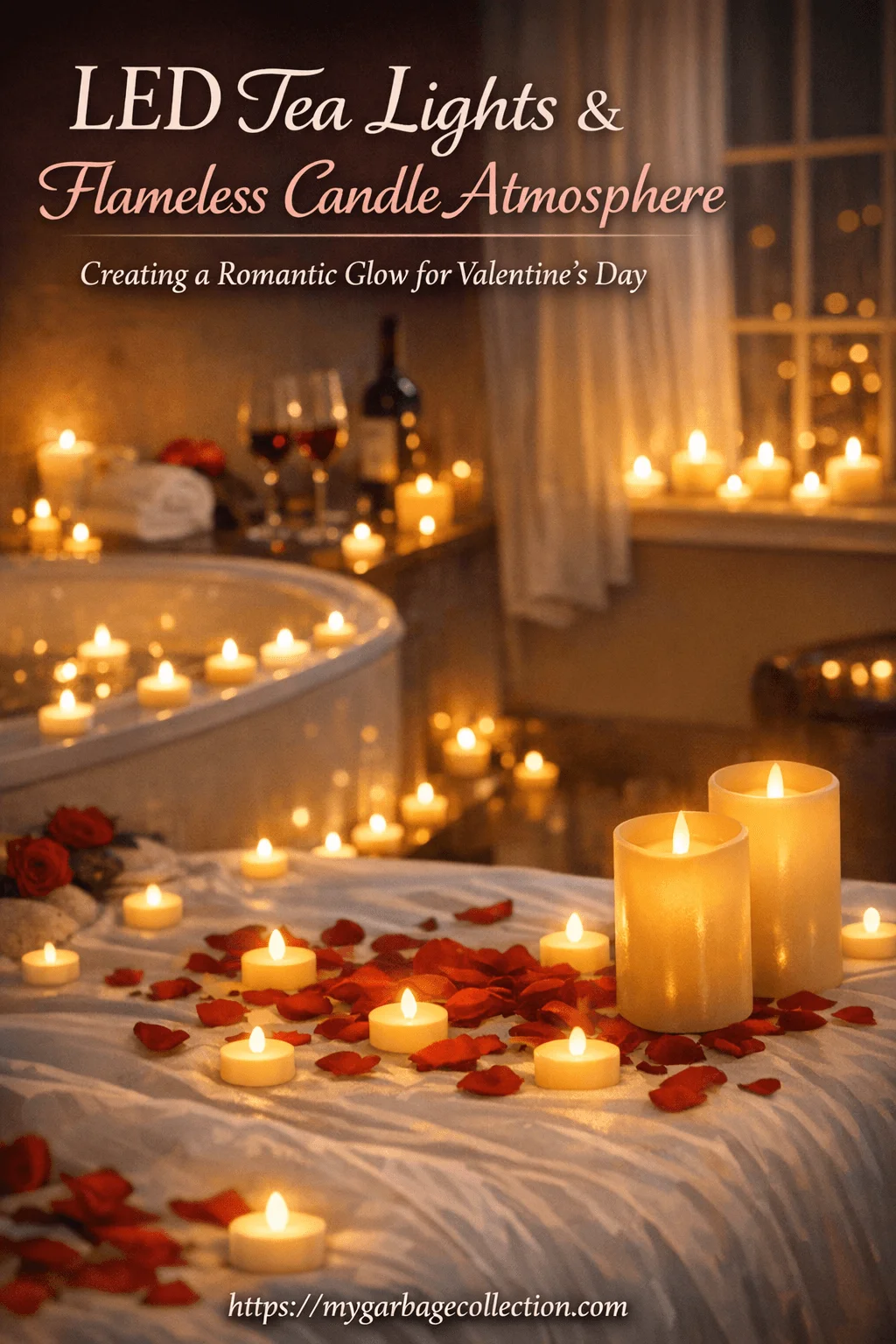 Romantic hotel room filled with LED tea lights and flameless candles rose petals on bed bathtub glow wine glasses and soft lighting creating a safe cozy Valentine atmosphere