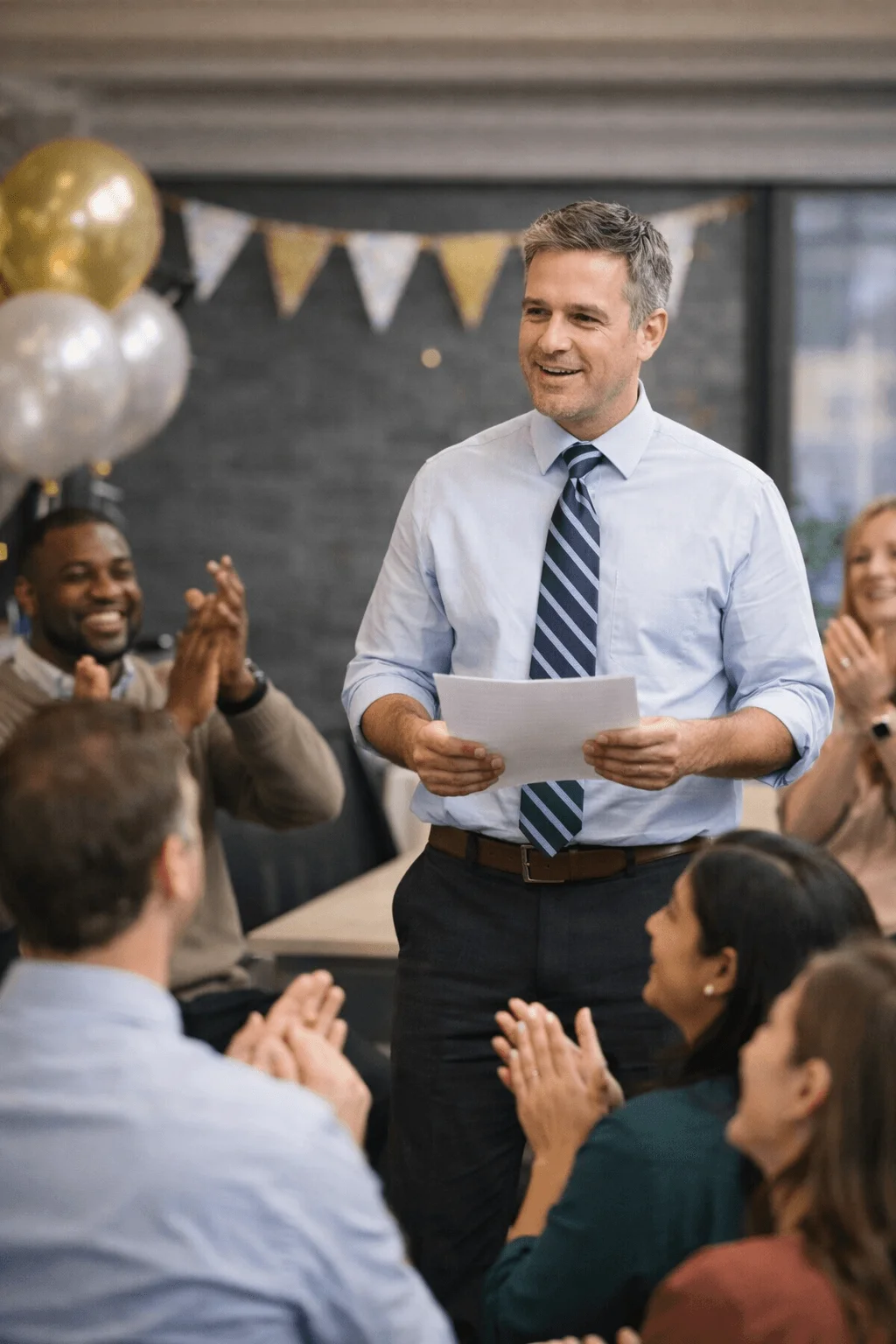 Smiling manager holding a paper while coworkers applaud during a workplace appreciation gathering