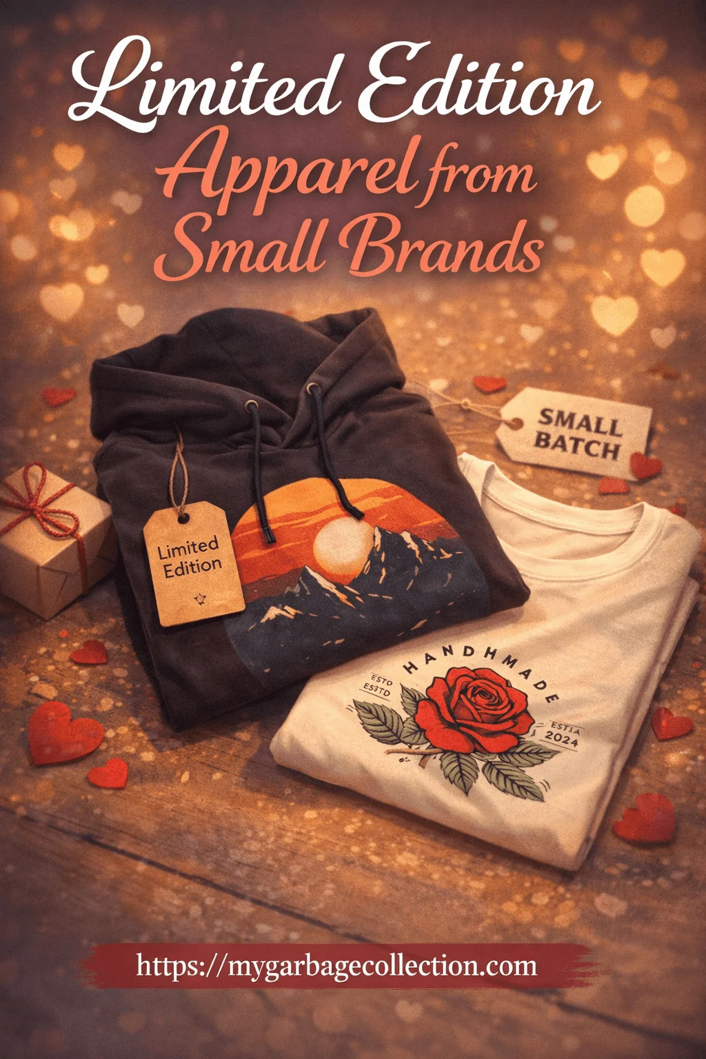 Folded limited edition hoodie and t shirt from a small brand displayed on a wooden surface with heart confetti a tag reading limited edition and small batch warm romantic background text reading limited edition apparel from small brands at the top and a website link at the bottom