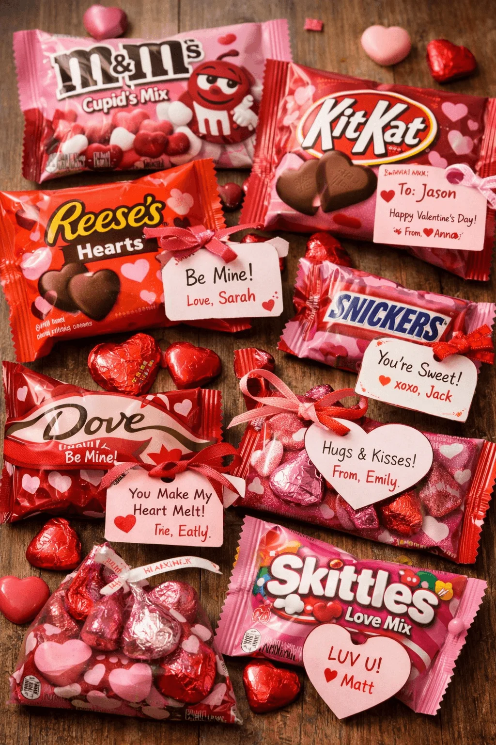Valentine themed candy packages including M and Ms Cupid's Mix, KitKat, Reese's Hearts, Snickers, Dove, and Skittles with heart shaped chocolates and handwritten love notes on a wooden surface.
