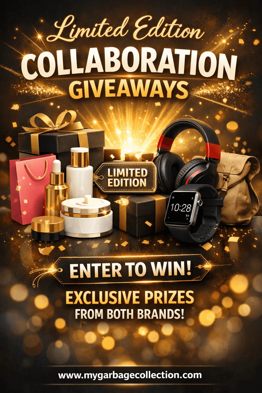 Limited edition collaboration giveaways featuring luxury gift boxes beauty products headphones smartwatch backpack and branded packaging with golden sparkles promotional text and a website URL at the bottom