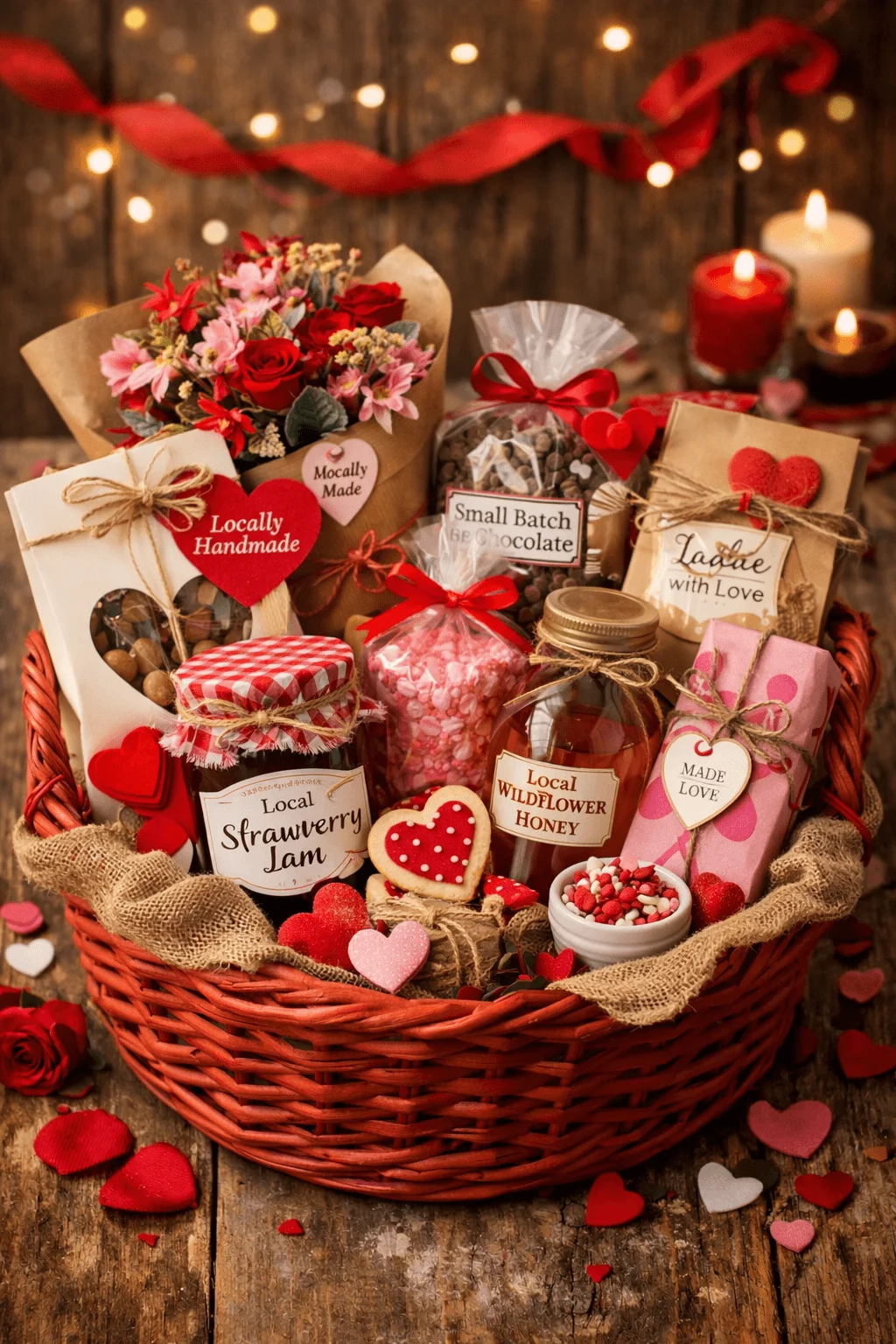 This image shows a Valentine’s-themed local artisan gift basket filled with handmade and locally sourced treats. It includes a bouquet of flowers, small-batch chocolates, local strawberry jam, wildflower honey, heart-shaped cookies, pink candy, and wrapped gifts, all arranged in a red wicker basket with festive hearts, candles, and romantic décor in the background.