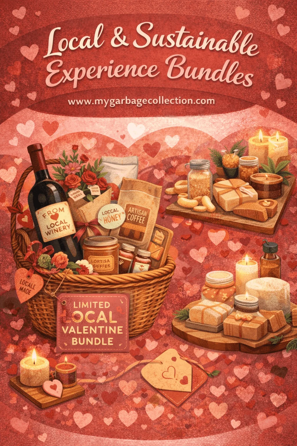 Local and sustainable experience bundles for valentines day featuring locally made wine honey artisan coffee candles handmade soaps gift baskets and eco friendly romantic presents