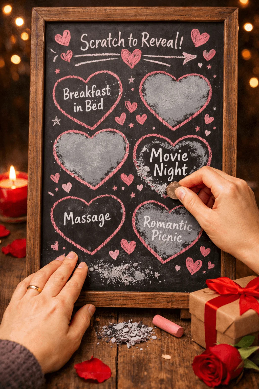 Chalkboard-style Valentine’s “scratch to reveal” board with hearts that uncover romantic surprises like Breakfast in Bed, Movie Night, Massage, and Romantic Picnic, surrounded by candles, rose petals, and a gift.
