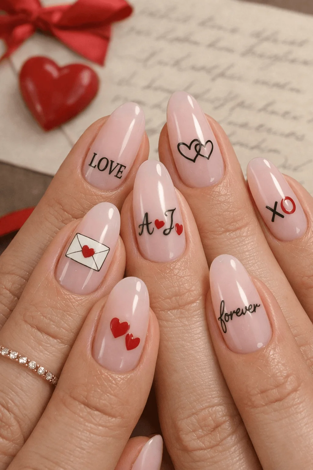 Close up of two hands with glossy pale pink nails featuring romantic lettering designs including love xo forever initials hearts and an envelope with a heart on a soft romantic background