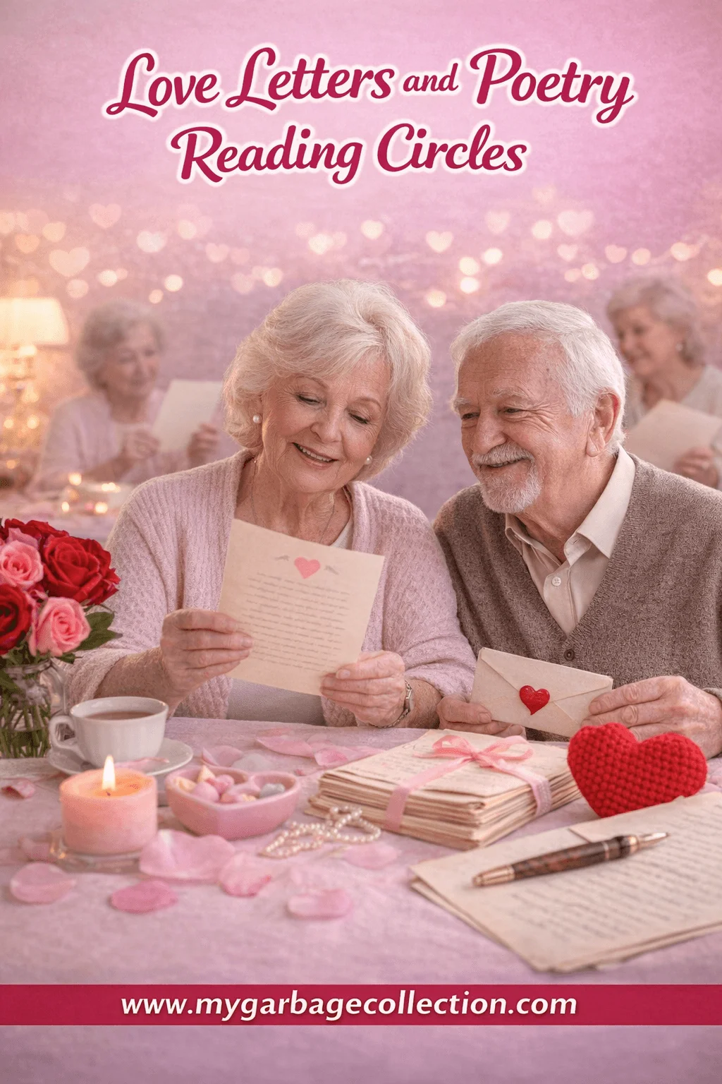 Love letters and poetry reading circle with seniors reading heartfelt notes surrounded by candles flowers envelopes and Valentine decorations in a warm cozy setting