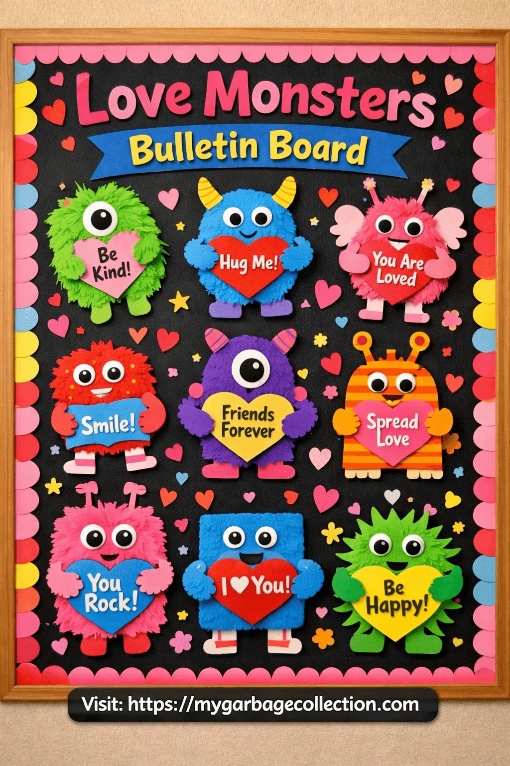 Love monsters bulletin board for preschool featuring colorful friendly monsters holding heart messages promoting kindness happiness friendship hugs and positive classroom behavior