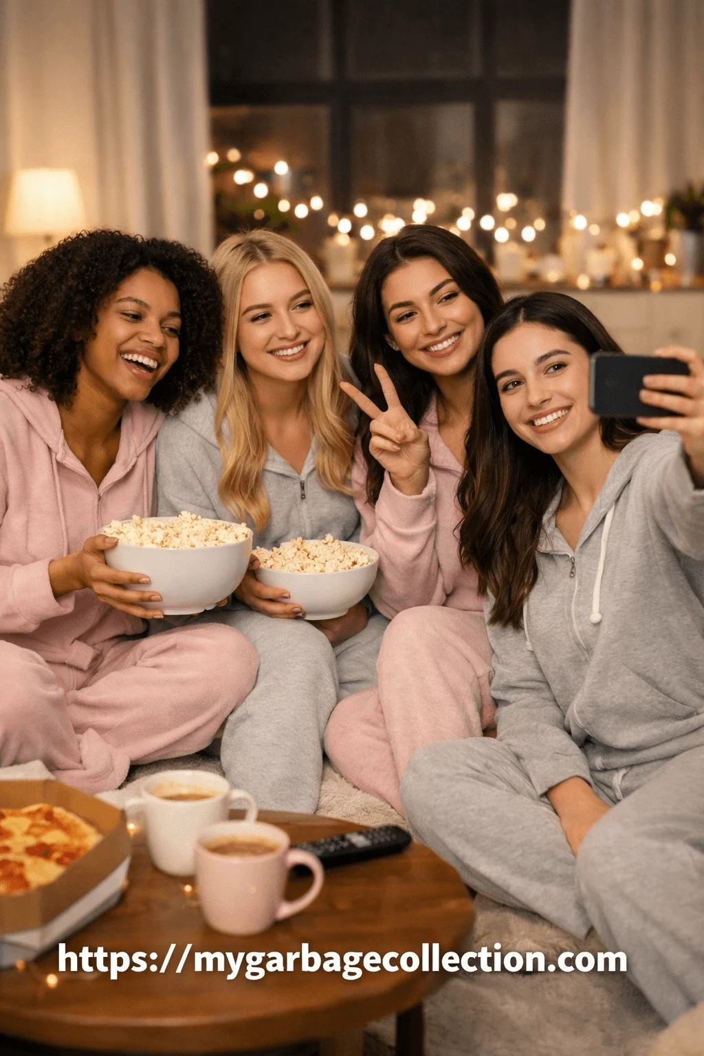 Friends enjoying a cozy pajama night taking a selfie while sitting together in matching loungewear eating popcorn and pizza during a relaxed girls night in with warm lights and a comfortable home setting