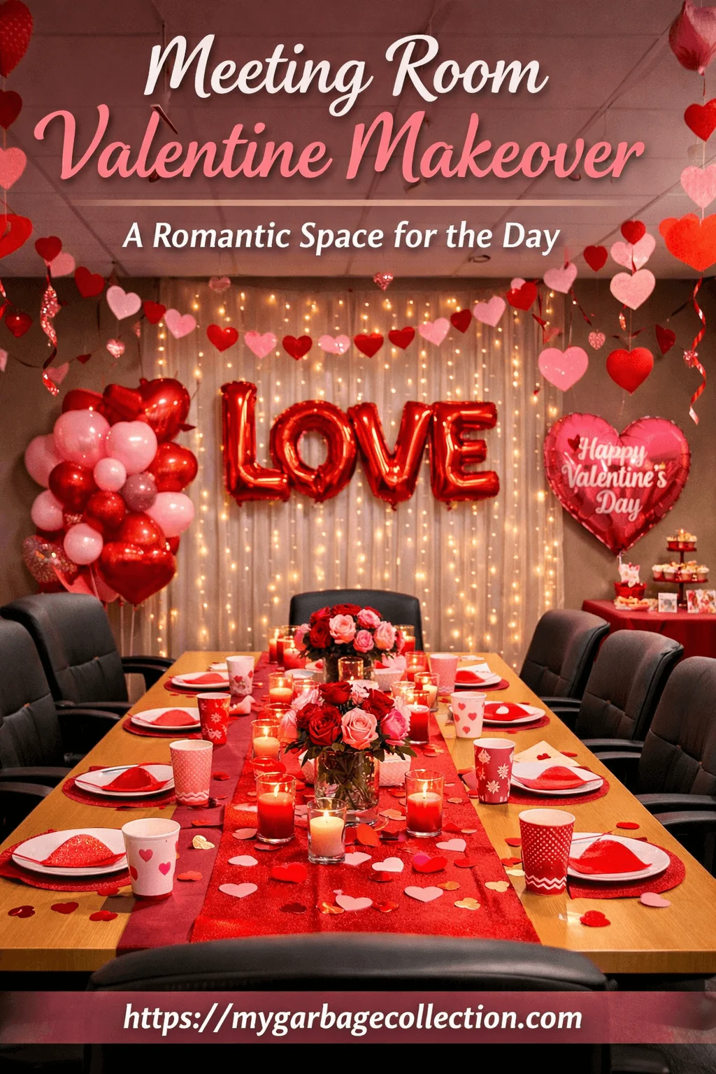 Valentine themed office meeting room decorated with red and pink balloons heart garlands candlelit table rose centerpieces love letter balloons festive table settings and a warm romantic atmosphere with meeting room valentine makeover text and website url mygarbagecollection.com