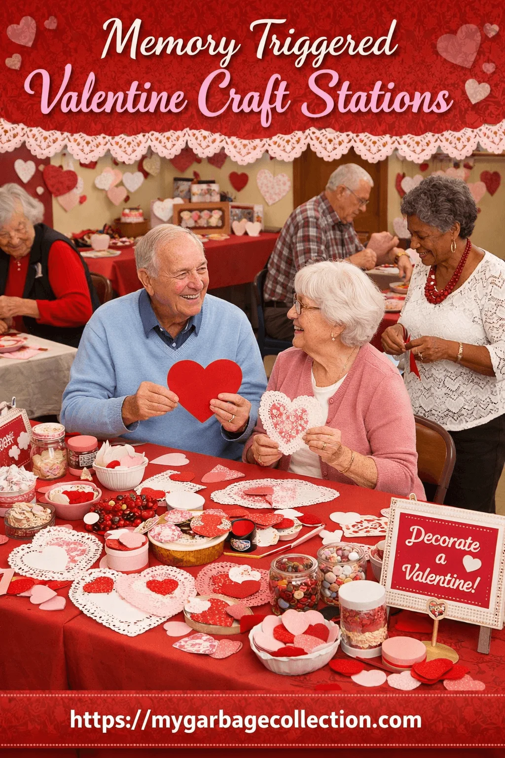 Memory triggered Valentine craft stations showing seniors creating heart decorations crafting Valentine cards and sharing joyful moments at a festive table filled with red and pink craft supplies