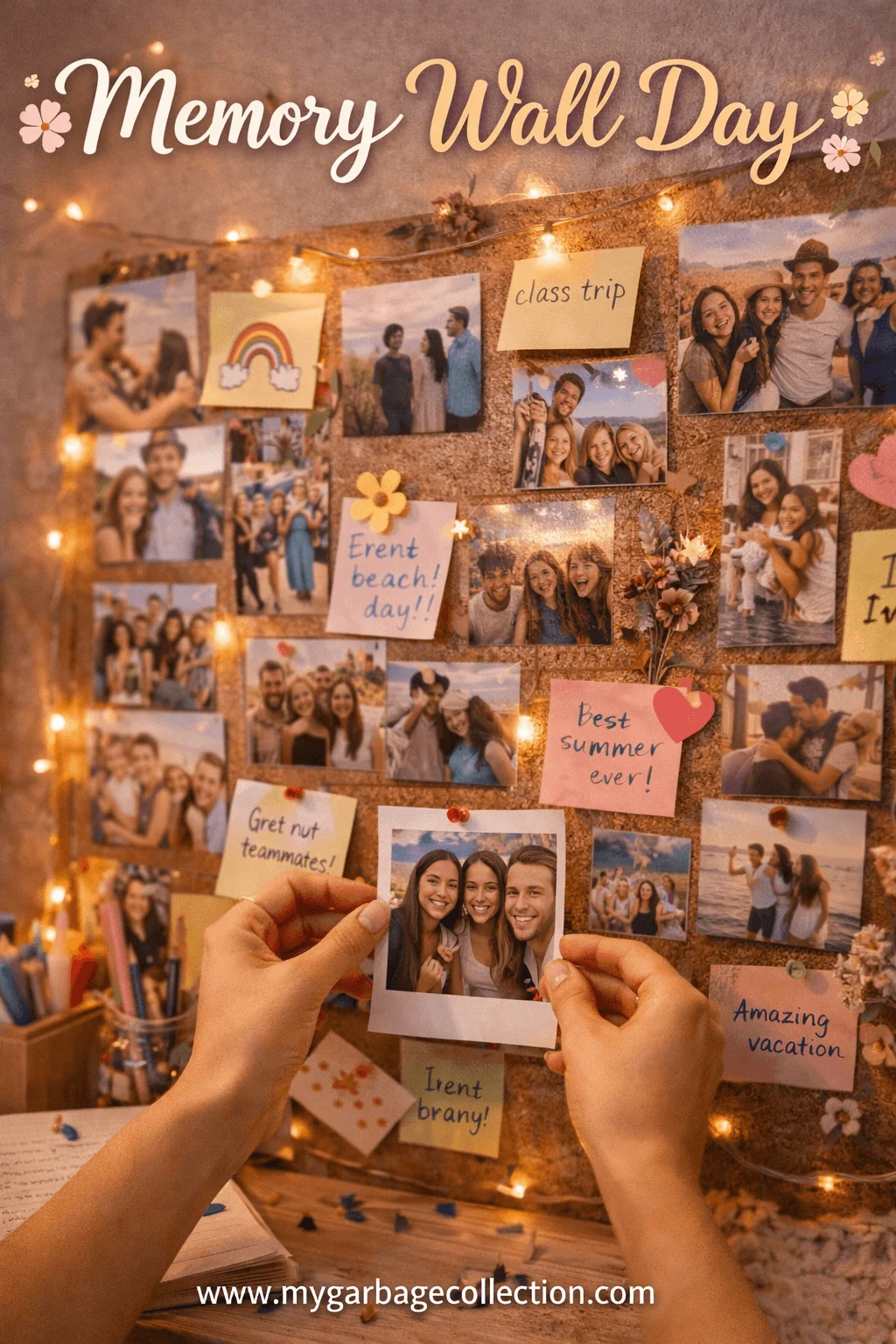 Memory Wall Day illustration showing a cozy corkboard filled with photos, handwritten notes, and fairy lights, capturing shared moments, friendships, trips, and milestones. Hands add a new photo to the wall, celebrating reflection, gratitude, and the joy of remembering meaningful experiences together