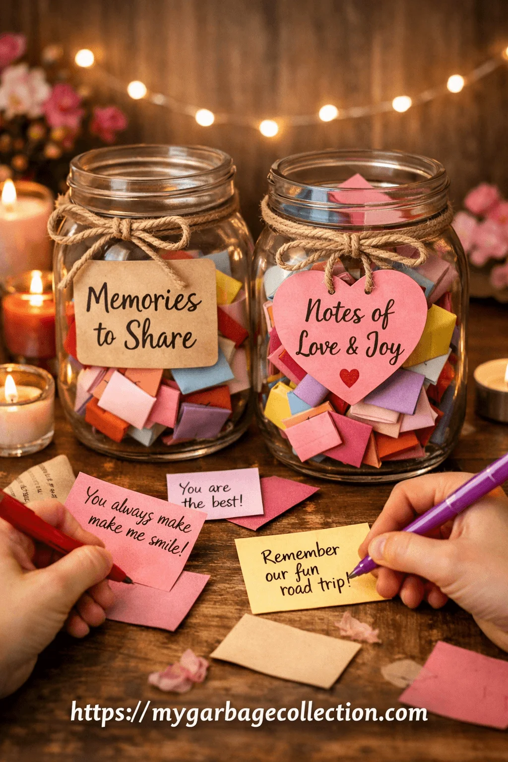 Hands writing heartfelt notes and shared memories on colorful paper slips to place inside labeled memory jars surrounded by candles flowers and warm lights creating a meaningful love and friendship activity at home