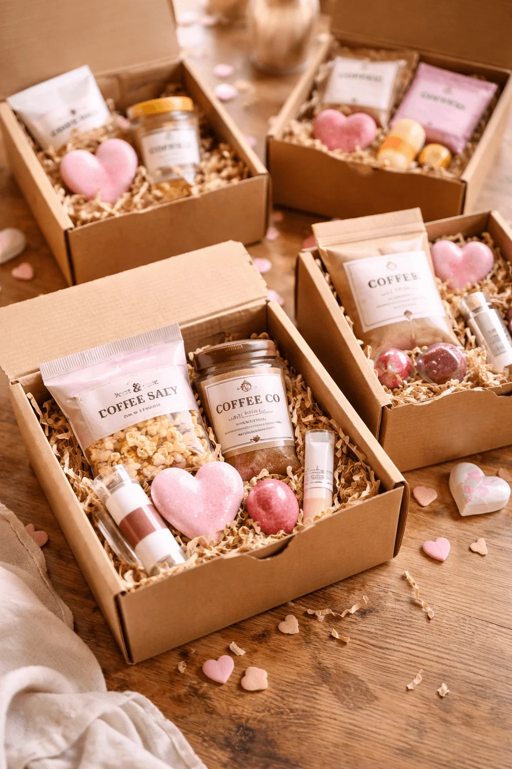 Open gift boxes filled with coffee snacks heart shaped treats and small self care items arranged on a wooden table