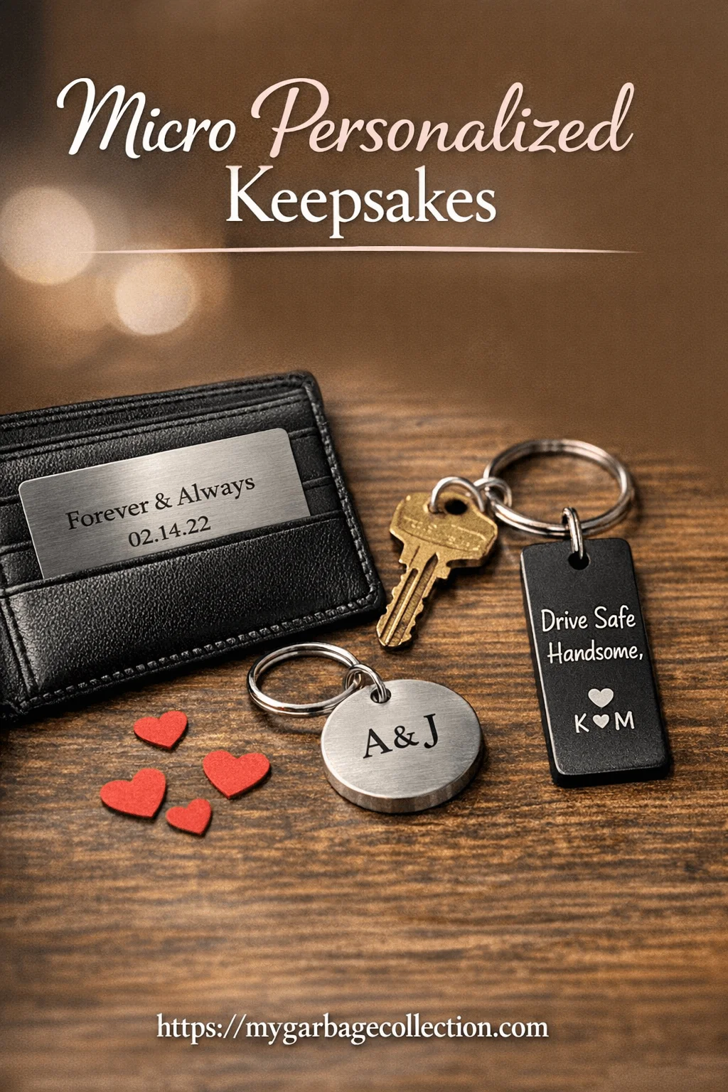 Micro personalized keepsakes displayed on a wooden surface including an engraved wallet insert custom keychains with initials and messages small red heart accents text reading micro personalized keepsakes at the top and a website link at the bottom