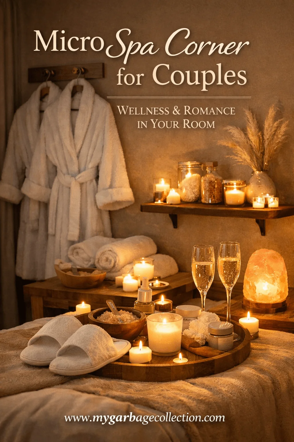Romantic micro spa corner for couples with plush robes scented candles bath salts champagne glasses soft towels slippers and warm ambient lighting creating a relaxing Valentine hotel room experience