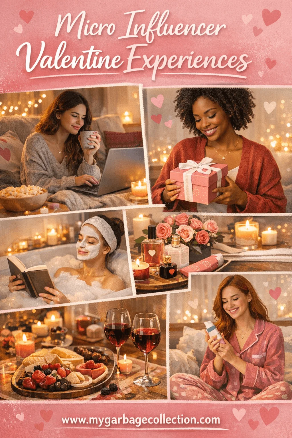 Micro influencer valentine experiences showcasing cozy self care moments gift unboxing romantic dinners beauty routines candles wine chocolates and lifestyle content creation for valentines marketing