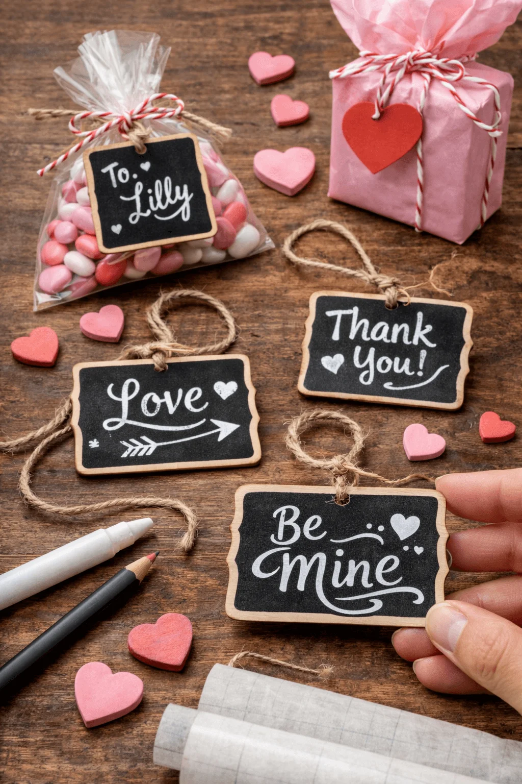 This image shows small chalkboard-style gift tags with handwritten messages like “Be Mine,” “Love,” and “Thank You,” tied with twine to Valentine’s treats and gift bags, along with pink and red heart candies and craft supplies on a wooden table.