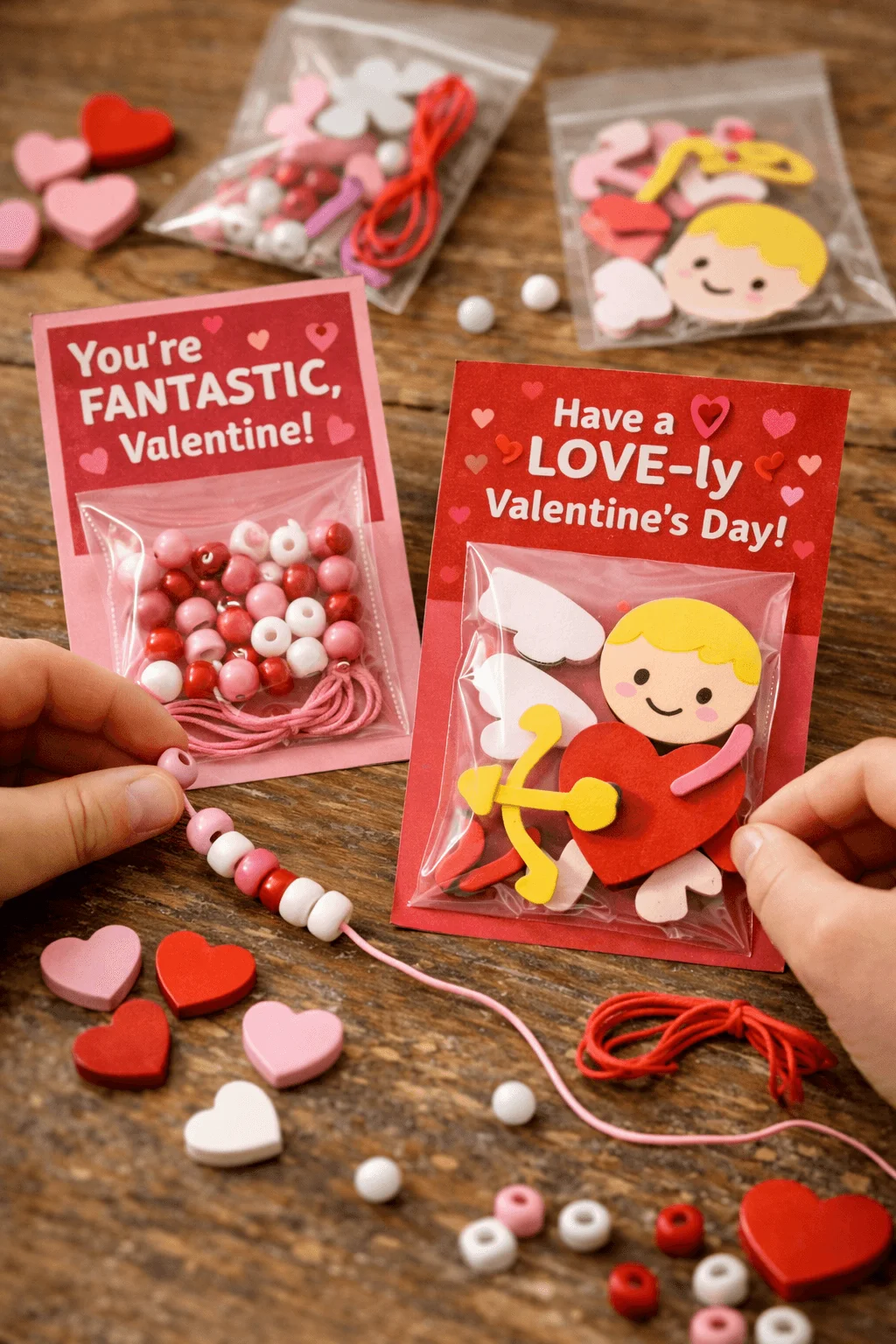 Mini craft kit Valentine cards with beads string and foam shapes in small bags on a wooden table with heart decorations