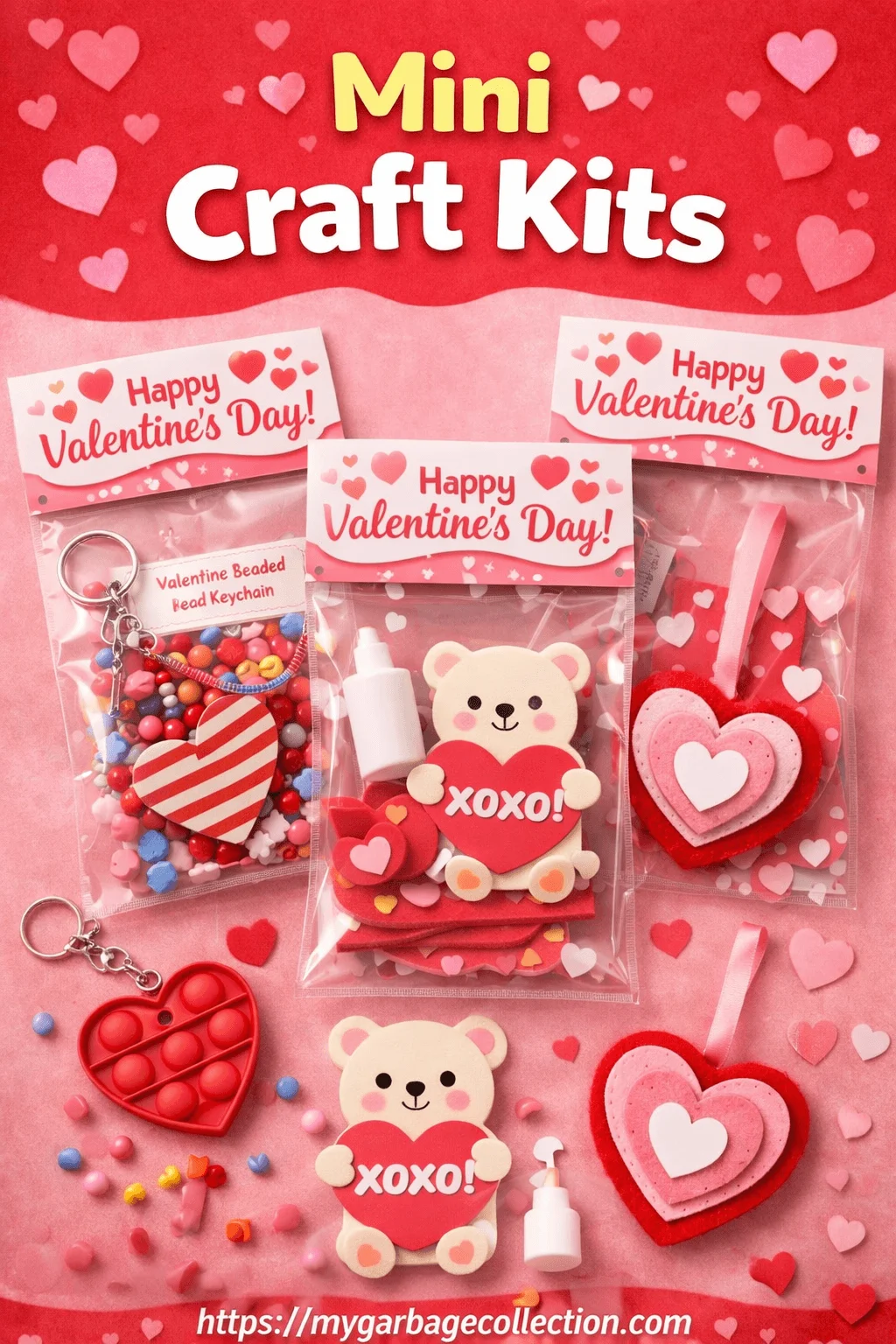 Mini craft kits featuring Valentine themed DIY packs with beads felt hearts bear crafts glue and keychain supplies for classroom Valentine goodie bags and kids activities