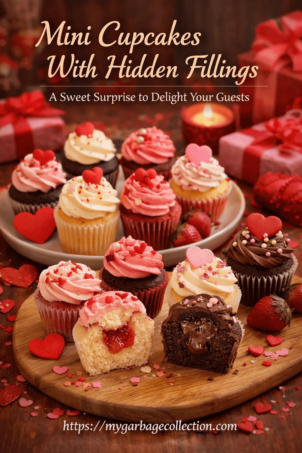 Mini cupcakes with hidden fillings displayed on a wooden board featuring vanilla and chocolate cupcakes topped with pink and cream frosting heart sprinkles strawberries and Valentine decorations with one cupcake cut open showing a jam and chocolate center and the website mygarbagecollection.com at the bottom