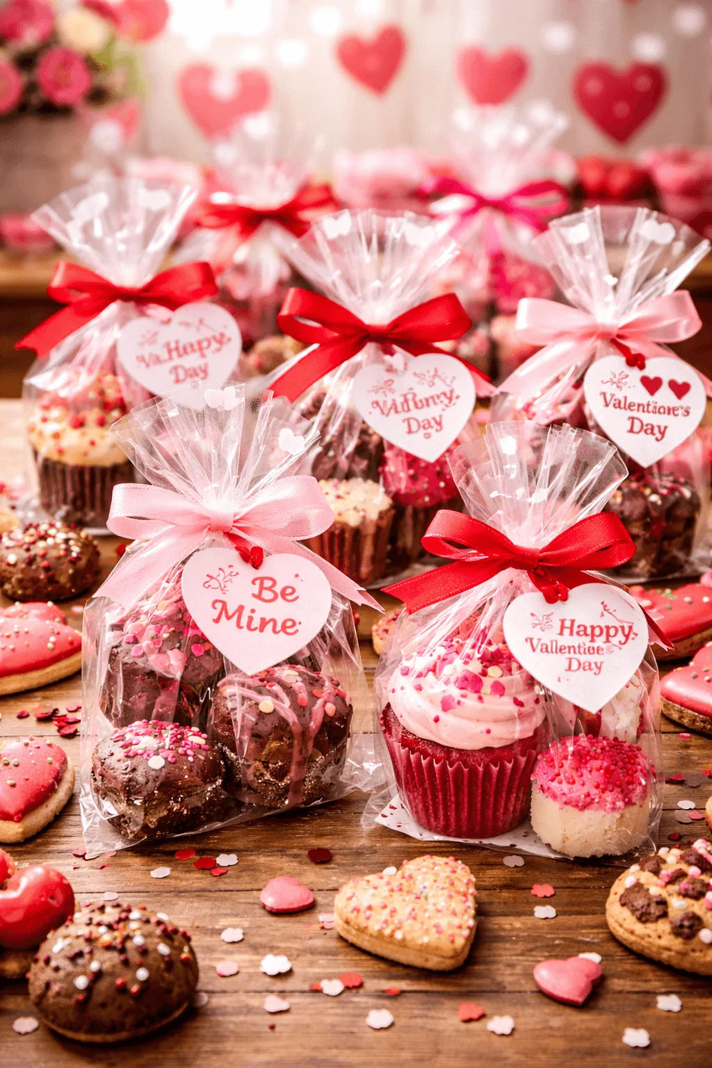 Valentine mini dessert gift bags with cupcakes, cake pops, brownies, and heart shaped cookies wrapped in clear cellophane with red and pink ribbons and tags like “Be Mine” and “Happy Valentine’s Day.”