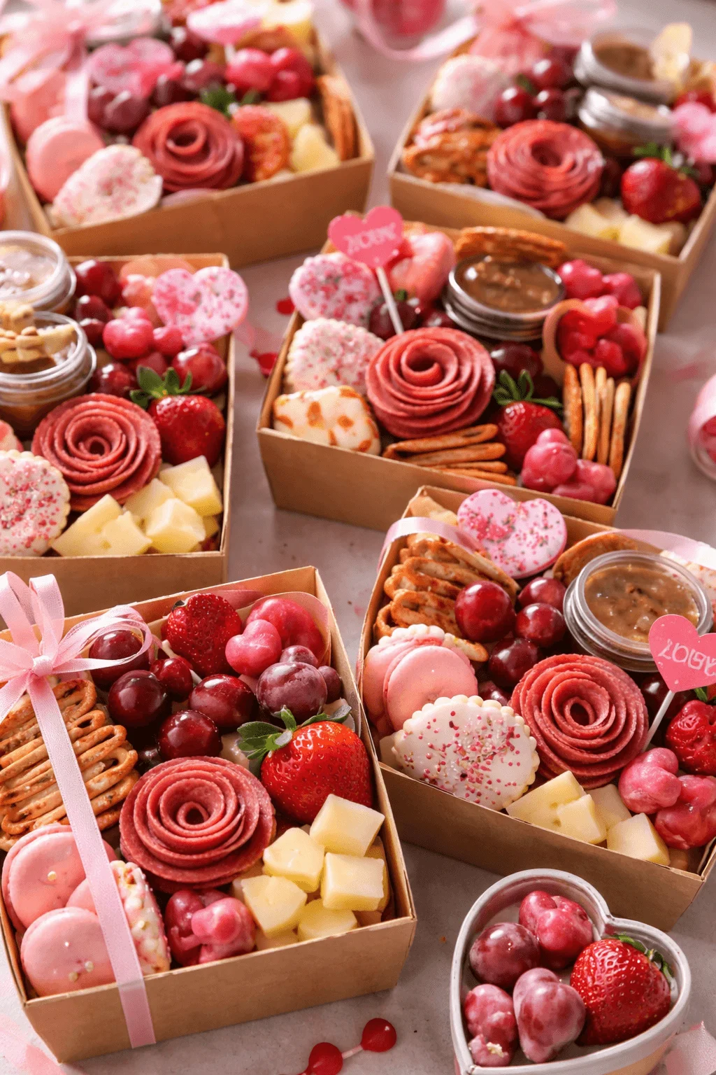 Mini grazing board Valentine grams arranged in small boxes with strawberries grapes cheese crackers heart shaped cookies pink chocolates and decorative ribbons on a table