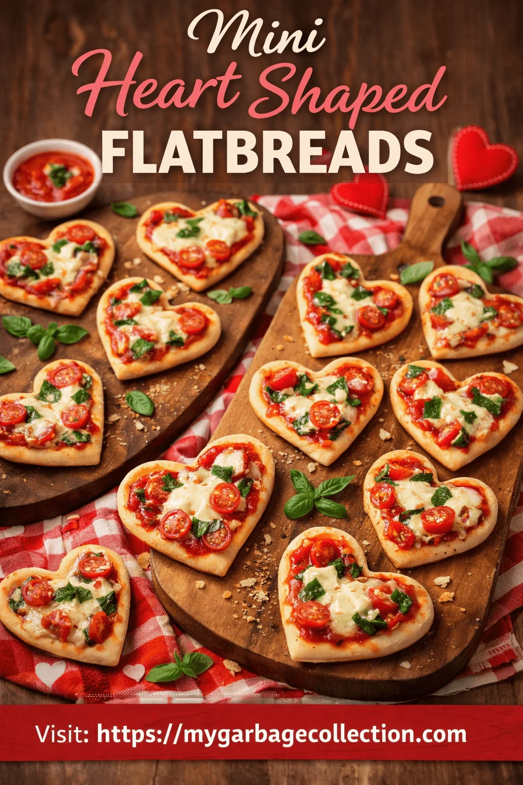 Mini heart shaped flatbreads topped with tomato sauce melted cheese cherry tomatoes and fresh basil arranged on wooden boards with red Valentine decor and the website mygarbagecollection.com visible at the bottom