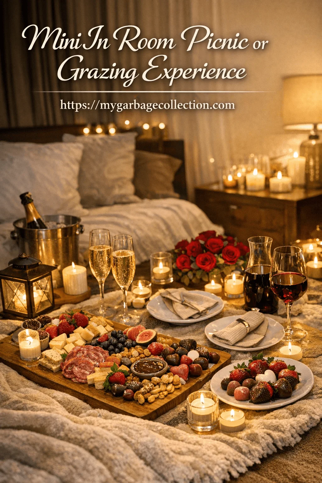 Romantic mini in room picnic setup with grazing board champagne wine candles strawberries cheese and cozy hotel bed creating an intimate Valentine dining experience