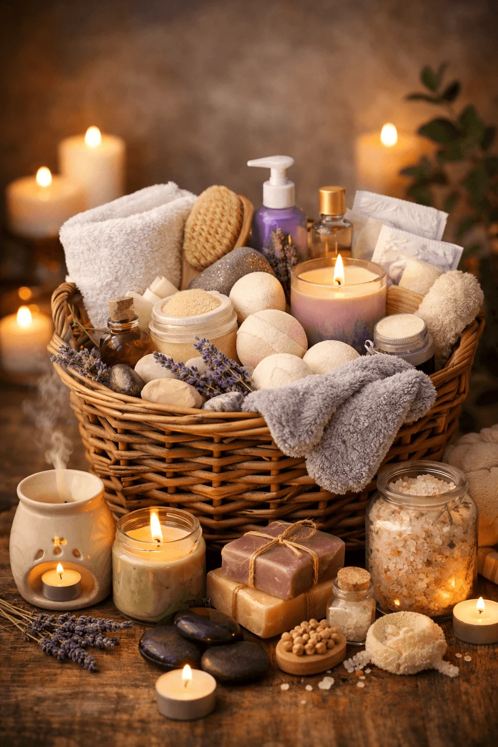 spa and self care gift basket with candles bath bombs soaps towels lotions lavender and relaxation items arranged in a wicker basket on a cozy wooden table with soft candlelight