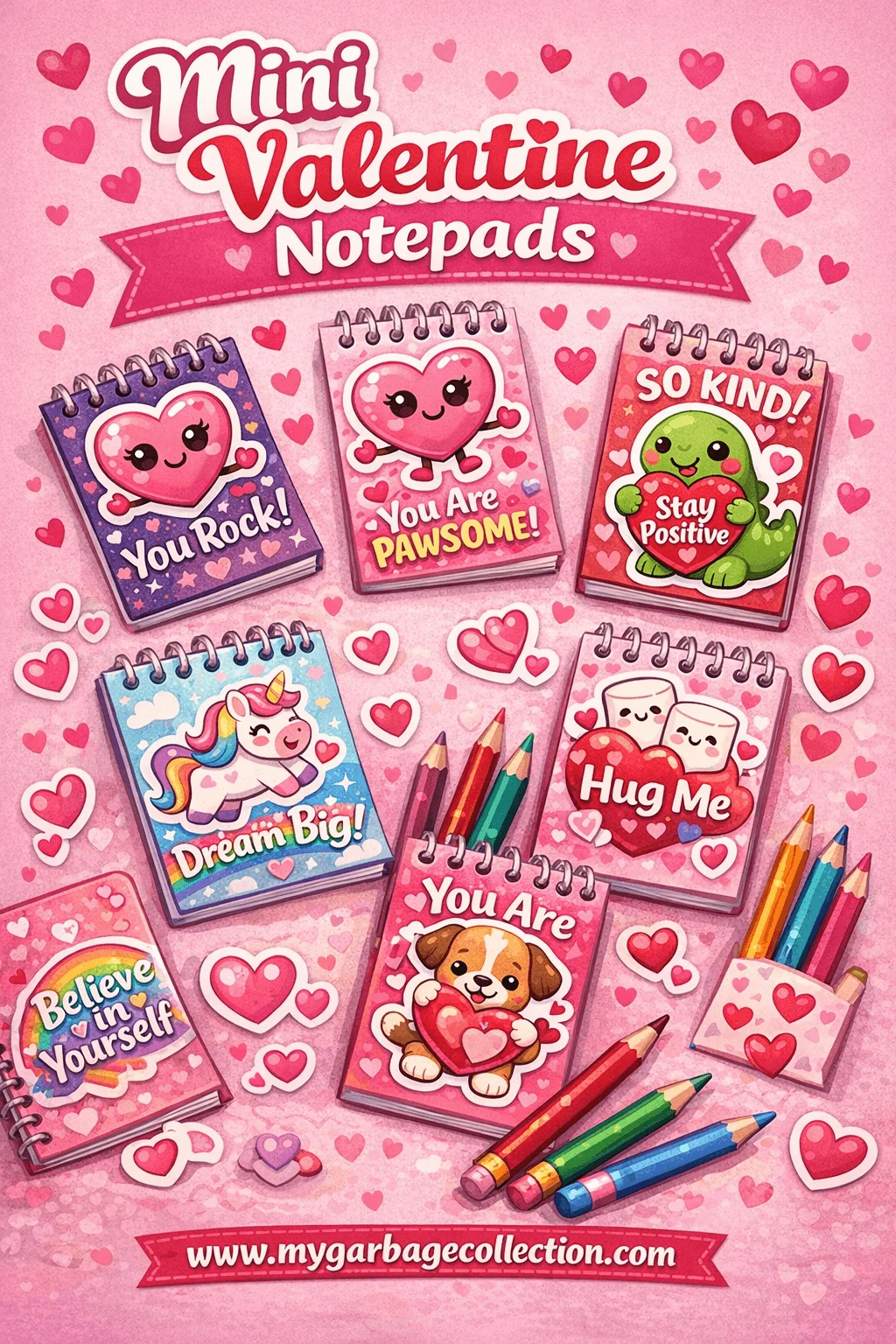 Mini Valentine notepads featuring cute heart animal and positive message designs with small notebooks and colorful pencils for classroom Valentine goodie bags and school gifts