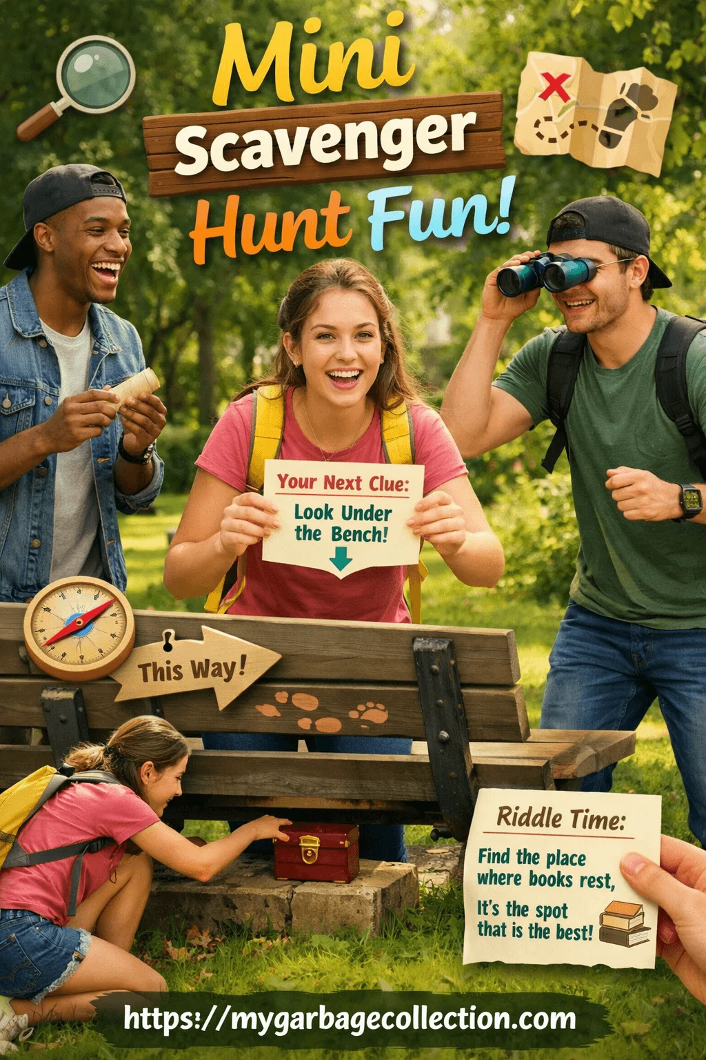 Friends enjoying a mini scavenger hunt in a park using clues maps and riddles while laughing and searching together creating a fun outdoor group activity and interactive adventure experience