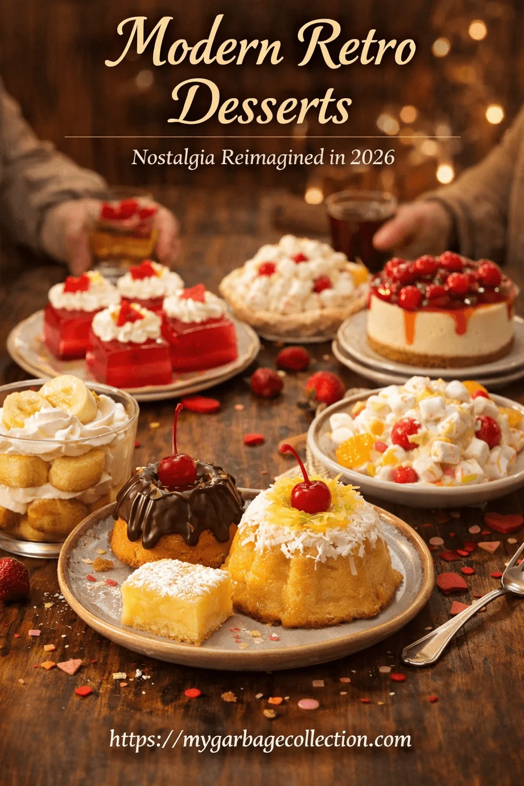 Modern retro desserts displayed on a rustic table featuring jelly squares layered cakes cheesecake cherry topped sponge cakes banana pudding and fruit salads styled with warm lighting heart confetti and nostalgic Valentine ambiance with the website mygarbagecollection.com at the bottom