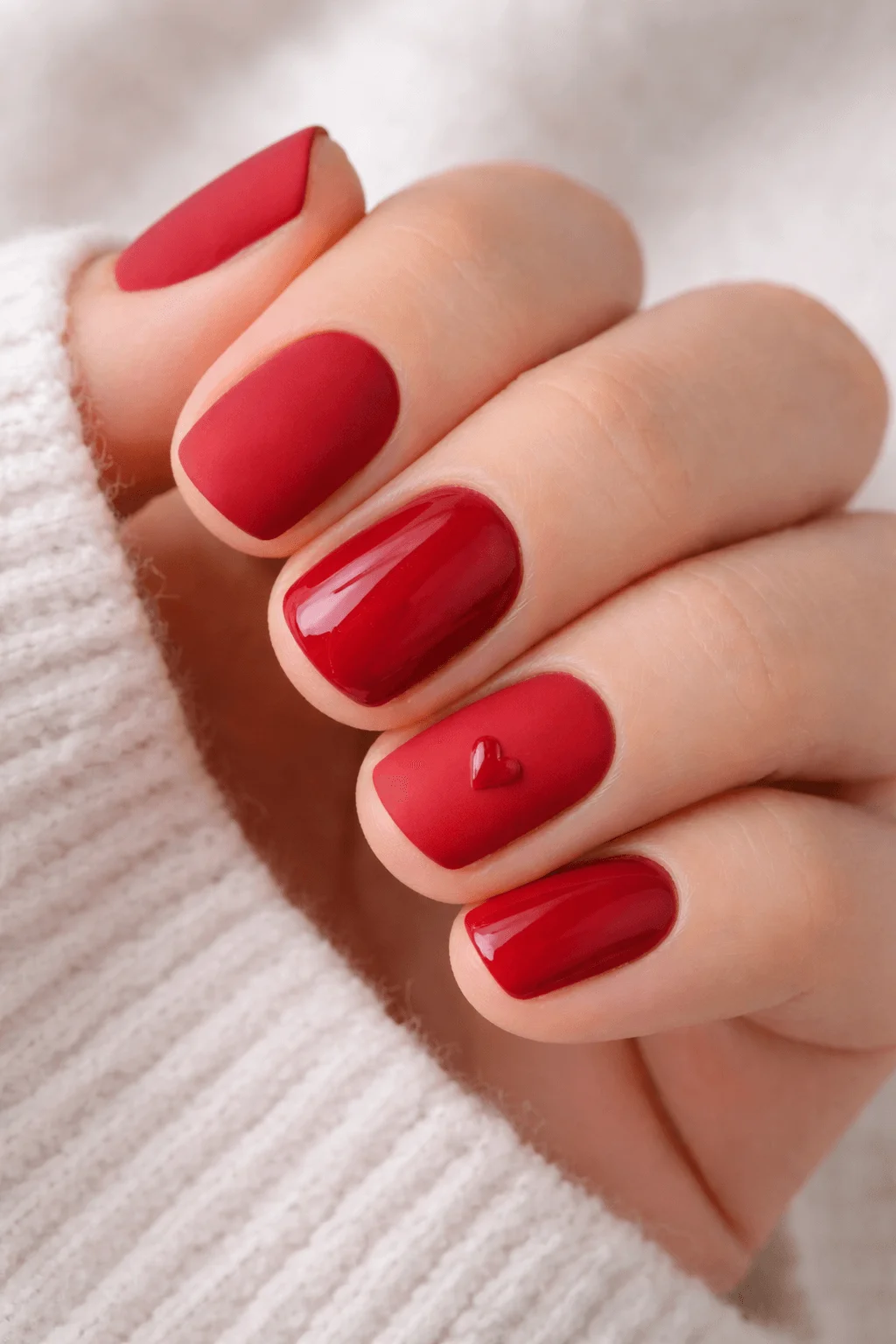 Red matte and glossy Valentine nails with a small heart accent on one finger